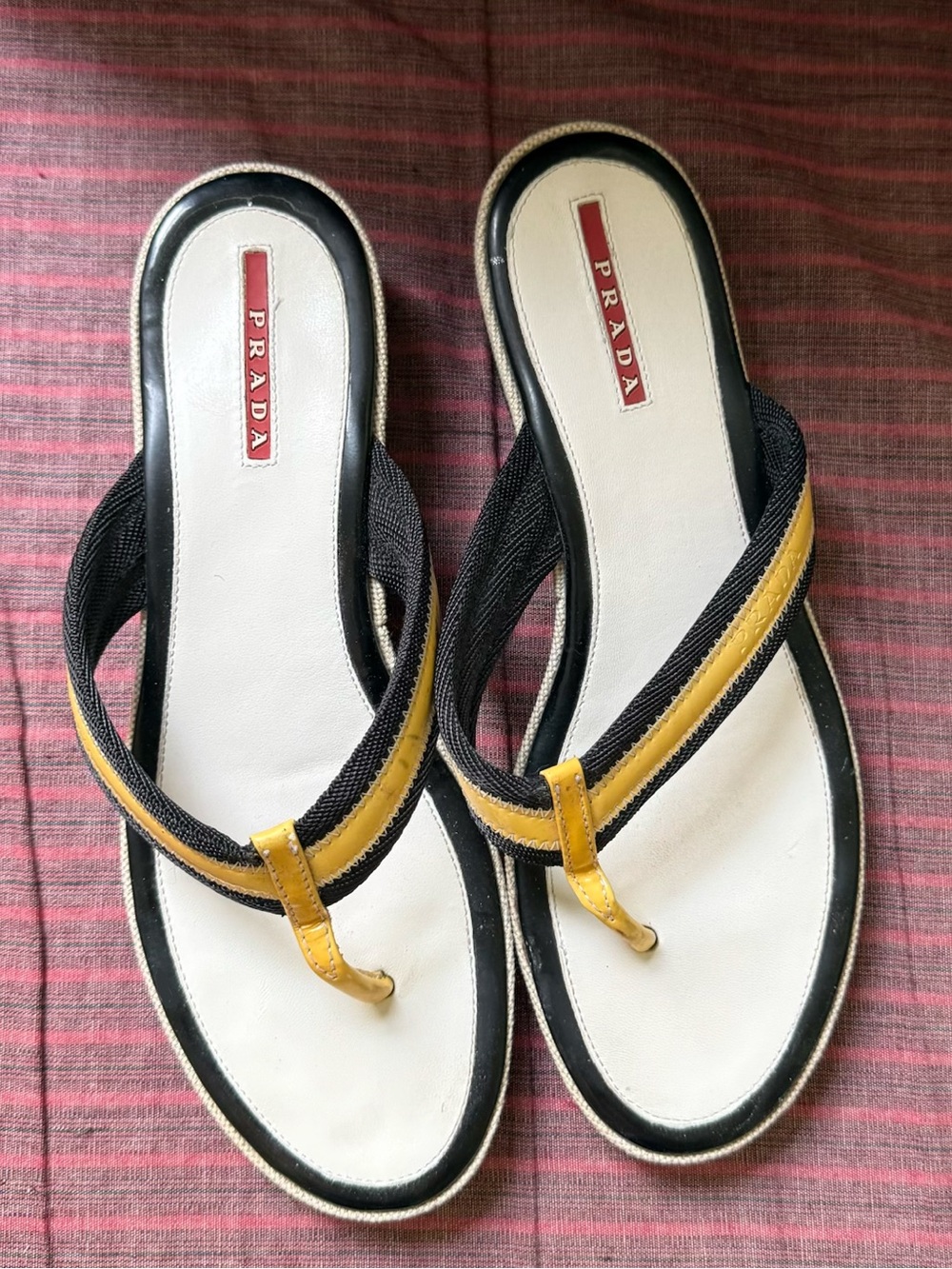 Prada Black and Yellow Leather Thong Sandals